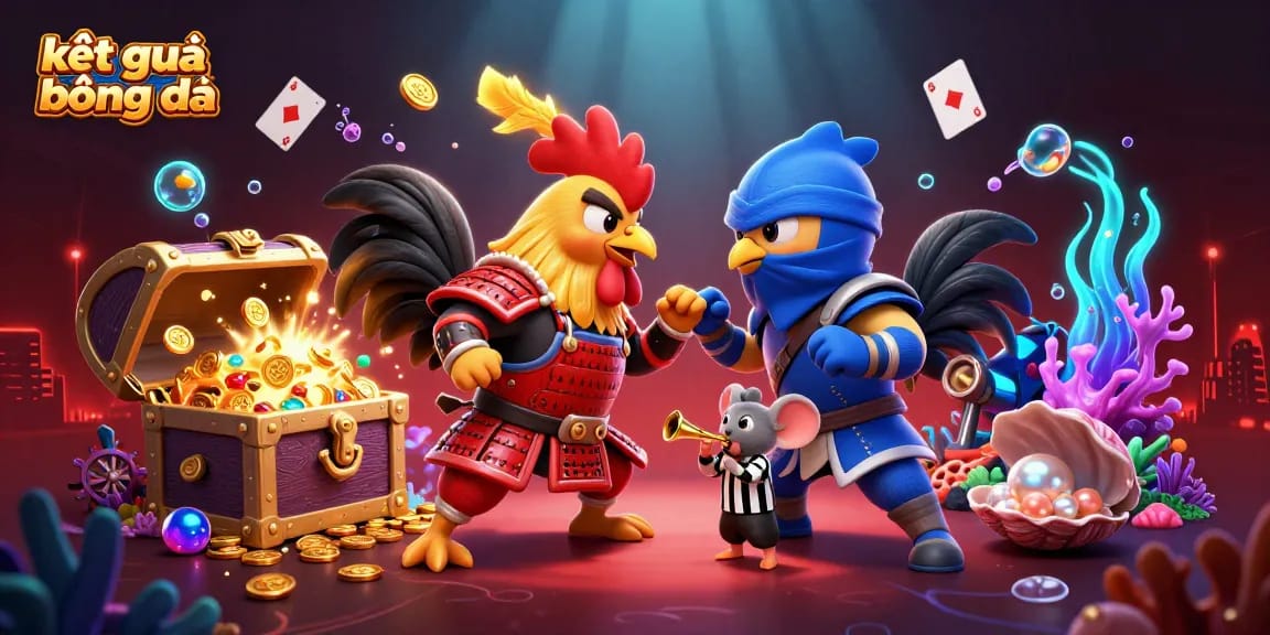 Experience real-time kết quả bóng đá with a dynamic scene featuring roosters in combat, symbolizing the thrilling sports betting atmosphere.