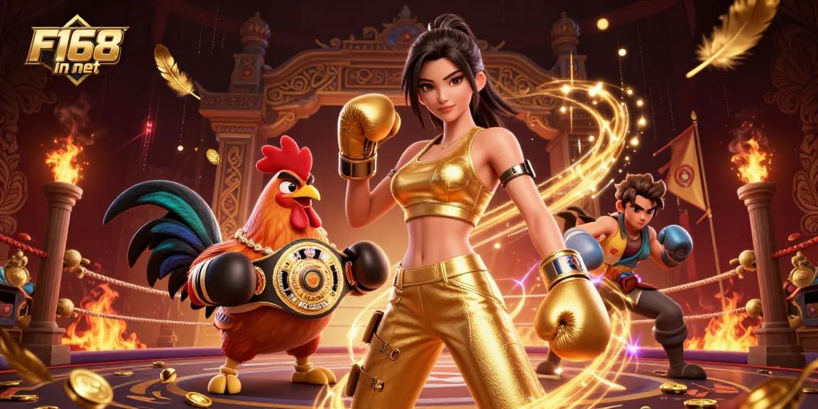 Experience thrilling wins at F168 in net, where golden championship belts float amid vibrant casino excitement.