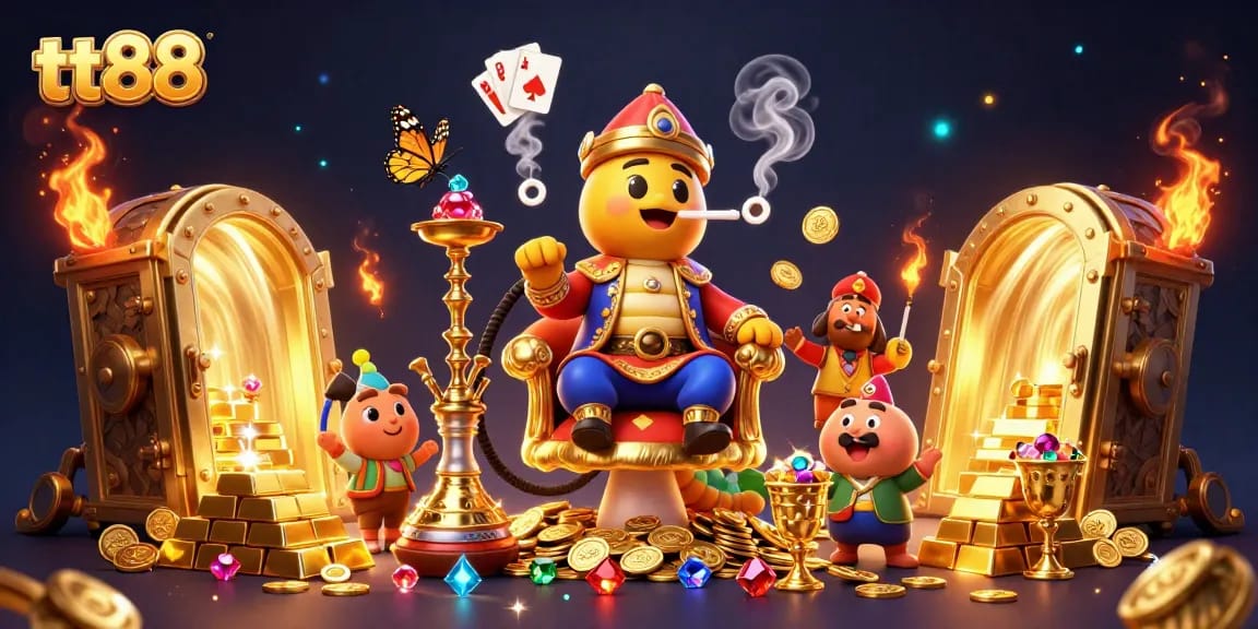 Engage in thrilling action at tt88's vibrant casino scene featuring poker hands and treasure.