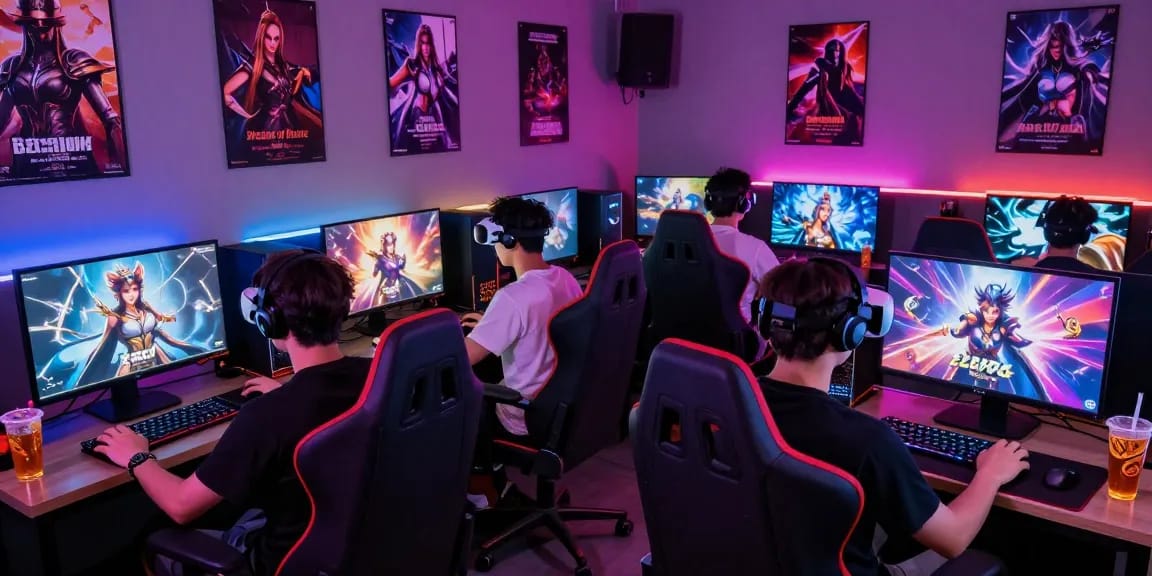 Engaged players exploring NSFW games in a colorful gaming lounge.