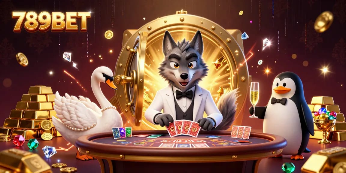 Experience dynamic card dealing at 789BET with a stylish wolf, elegant swan, and penguin presenting champagne.