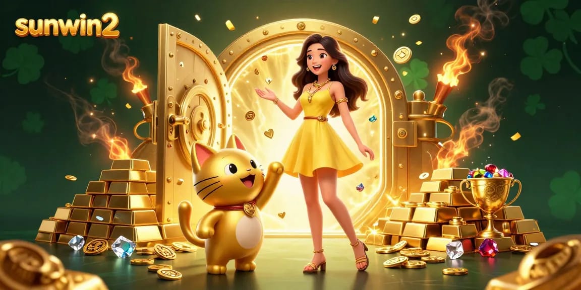 Experience the thrill of winning with sunwin2 as a cheerful woman and lucky cat celebrate in a vibrant casino setting.