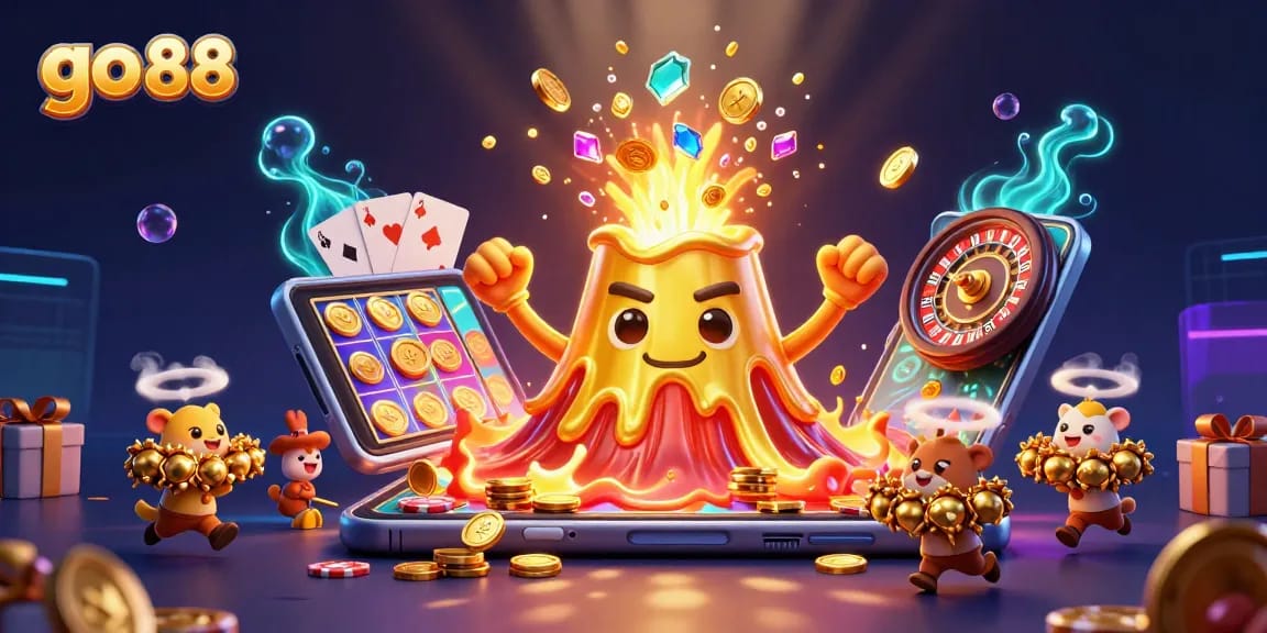Win big with go 88 in this vibrant casino-themed illustration featuring treasures and game elements.