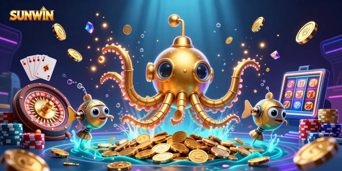 SUNWIN ignites excitement in a vibrant casino scene with a golden kraken submarine surrounded by thrilling game elements.