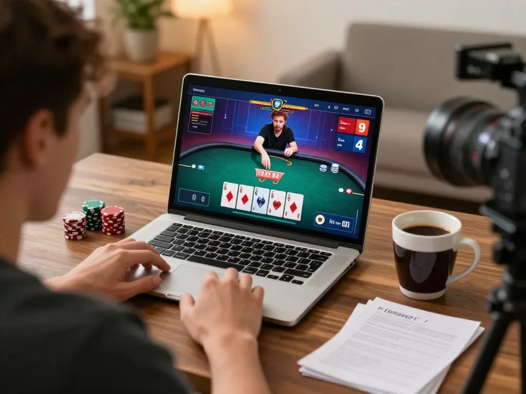 Engaging player enjoying a go8 online poker game at home with strategy notes nearby.