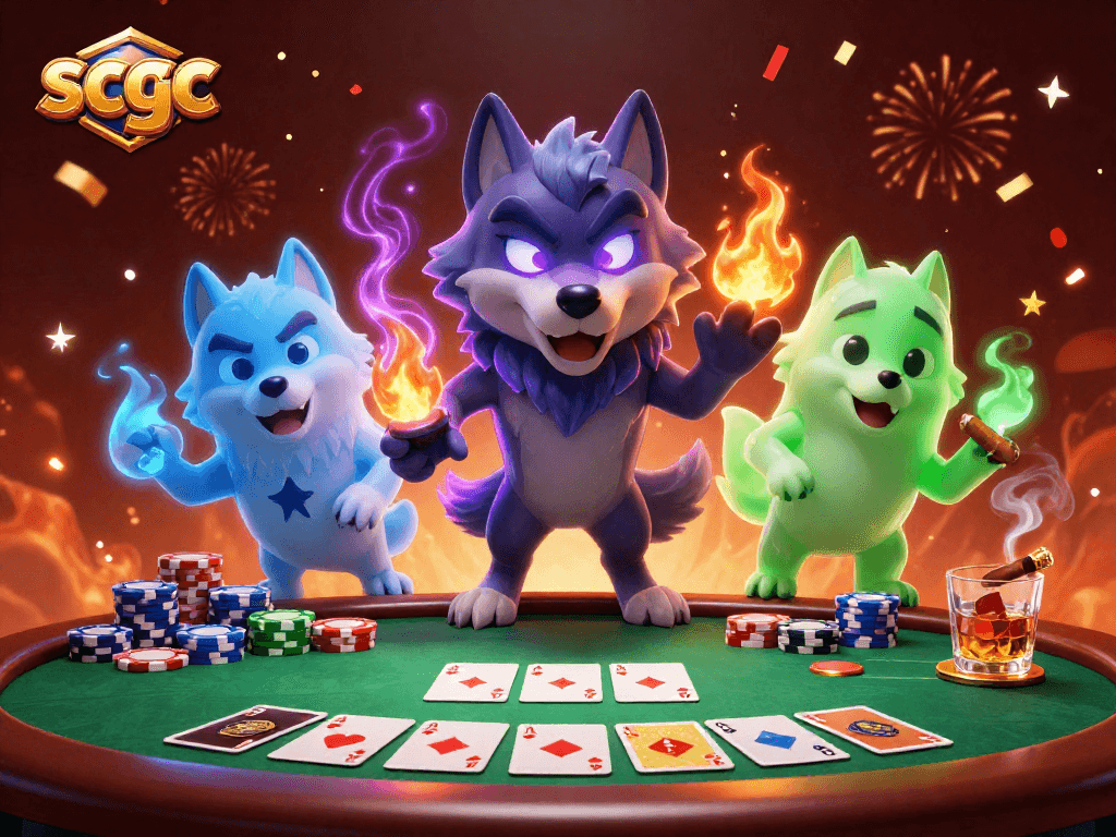 Experience the excitement of scgc with glowing wolf leaders at a vibrant casino scene.