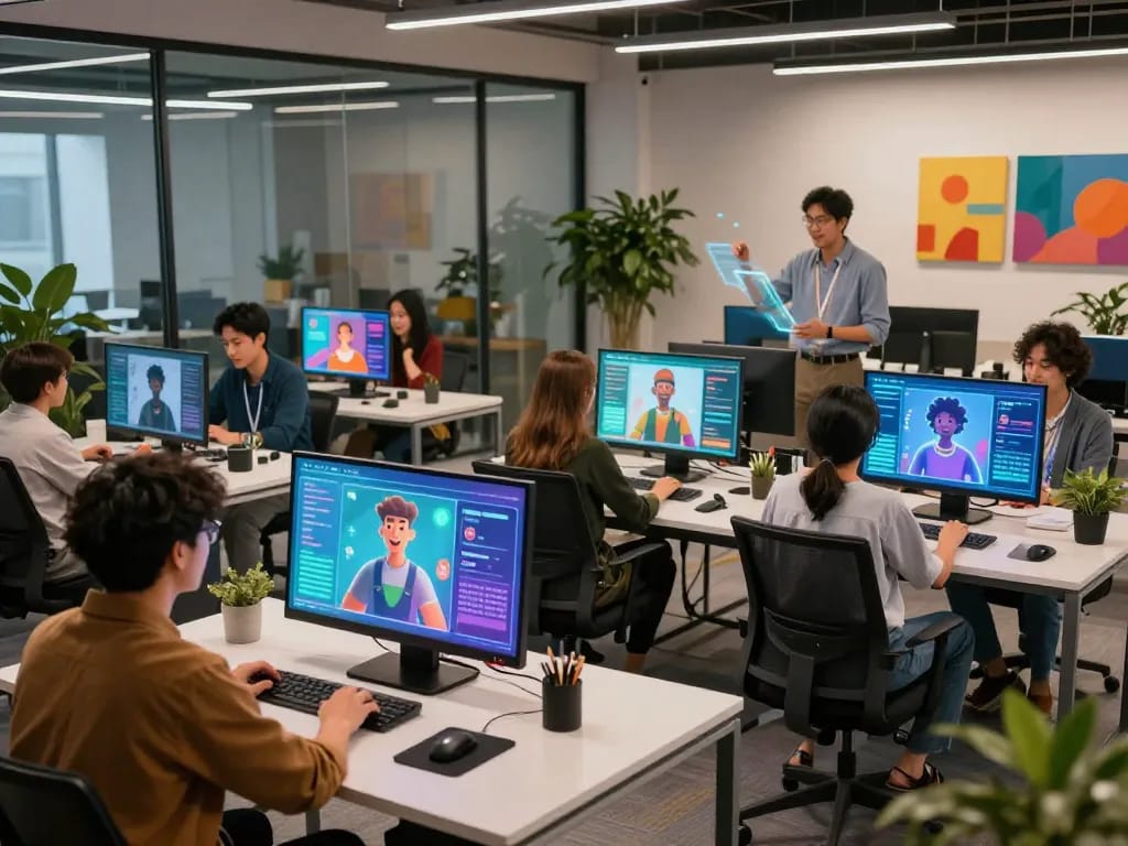 Users engaging with Crushon AI characters in a vibrant modern workspace, showcasing creativity and tech.