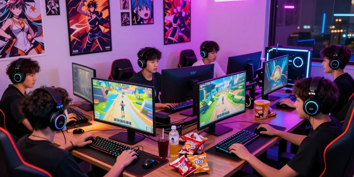 Players immersed in ecchi games online with vibrant setups and anime collectibles.