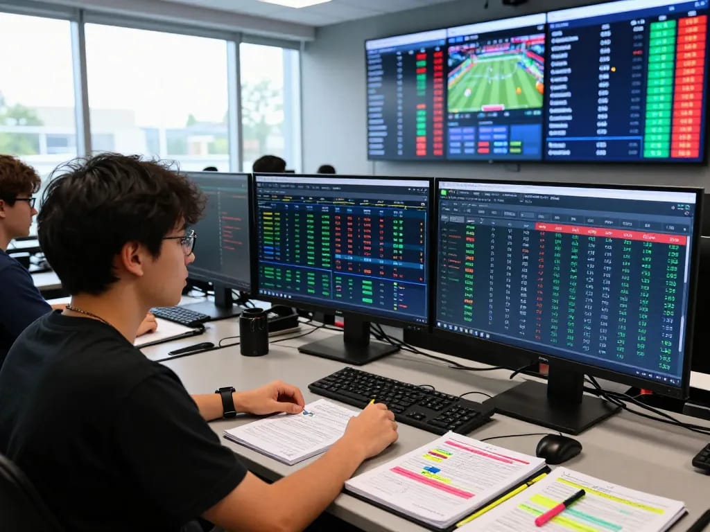 Tỷ lệ kèo nhà cái 5 being analyzed in a modern sports betting office with live updates and focused participants.