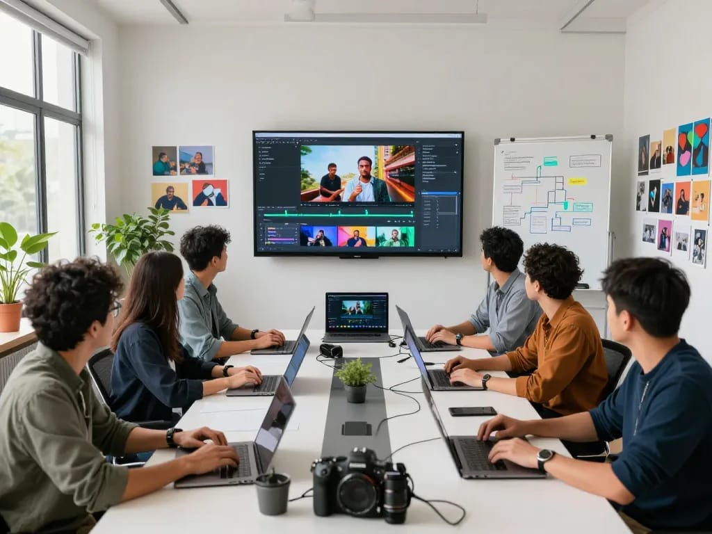 Collaboration on Seedance AI video project in a vibrant creative studio.
