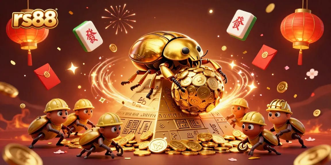 Experience the excitement of rs88 as the golden beetle rolls coins in a vibrant casino scene.