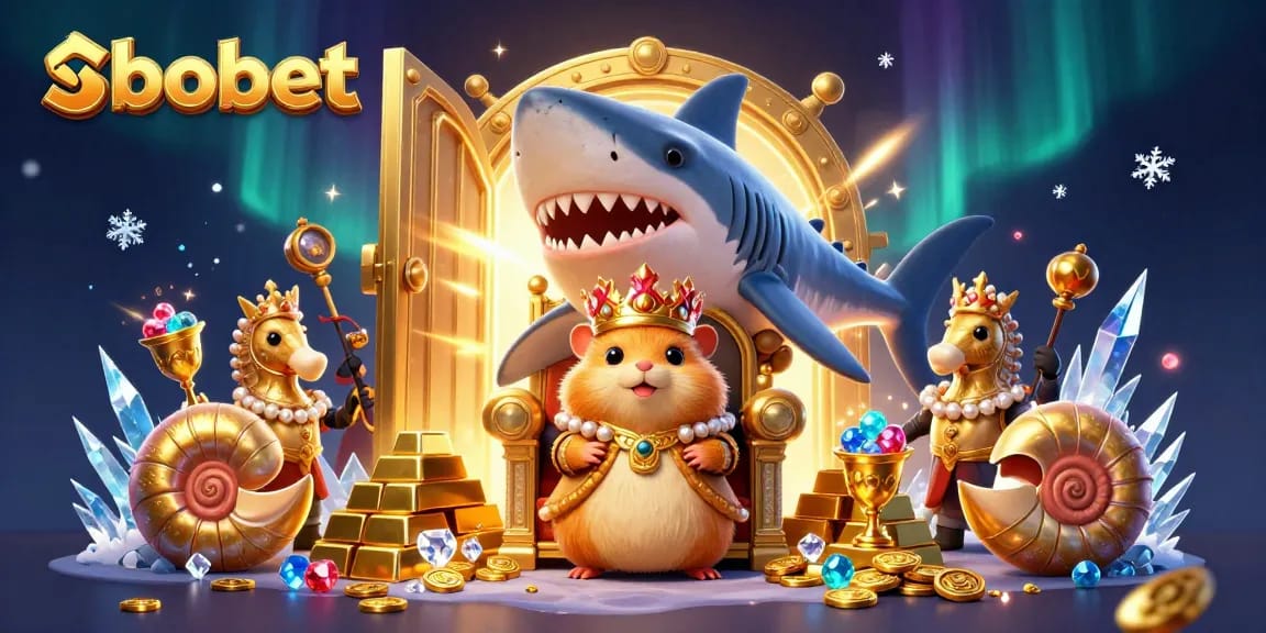 SBOBET brings excitement with a golden hamster king in a treasure scene, symbolizing the thrill of online gaming.