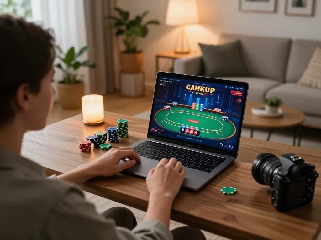 Sunwin player's dynamic online gameplay with poker interface displayed, showcasing stylish home setup.