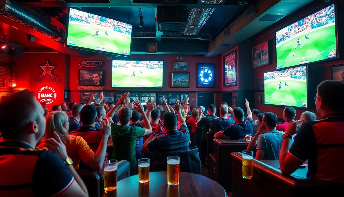Socolive fans cheering in a lively sports bar during a thrilling football match.