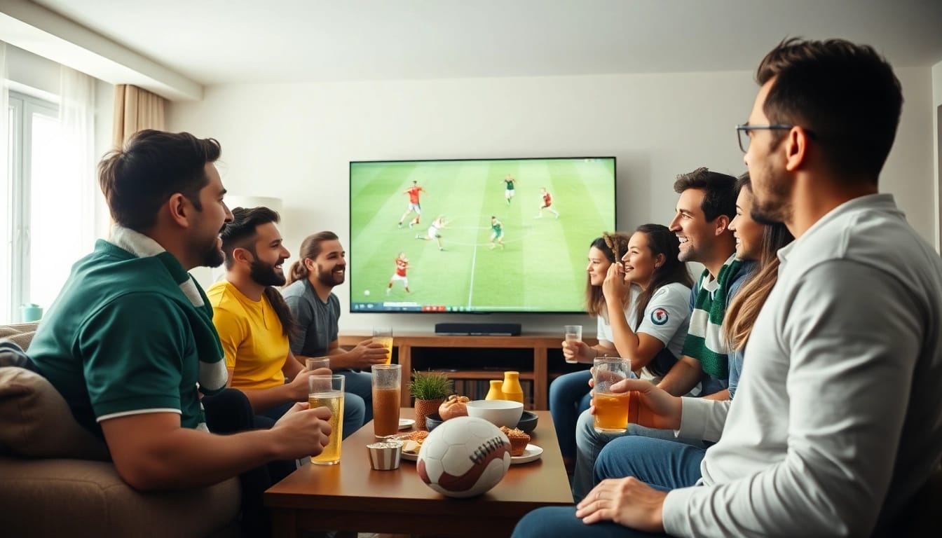 Xoilac TV fans enjoying a live football match in a cozy living room, showcasing excitement and camaraderie.