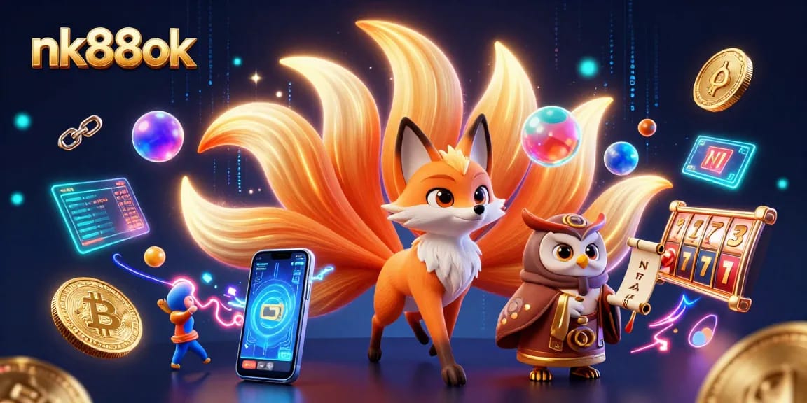 Experience the vibrant nk88ok casino magic with a mystical fox spirit and glowing crypto elements.