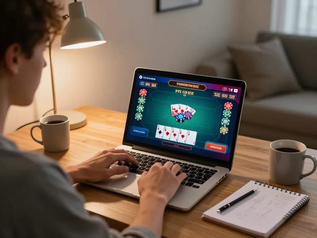 Player engaging with rikvip online poker game interface on laptop, showcasing strategic gameplay.