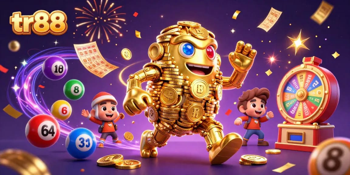 Spin to win at TR88 with vibrant lottery and casino elements surrounding a golden golem.