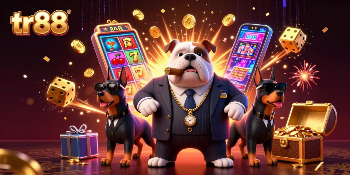Engage with tr88's thrilling gaming scene featuring 3D slot machines, a mafia boss, and vibrant casino elements.