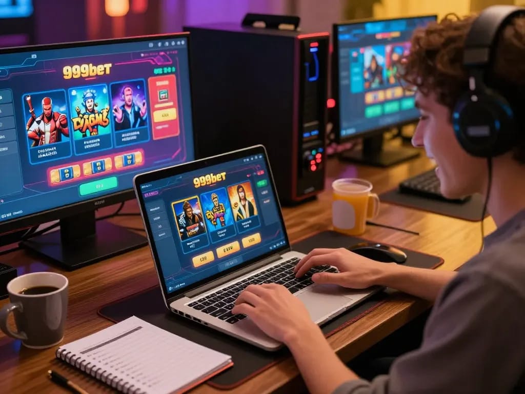 Experience thrilling gameplay at 999bet with a person using a laptop in a cozy setting filled with gaming strategies.