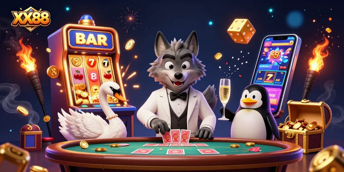 Experience top-tier gaming at XX88 with a vibrant illustration of baccarat and slots in action.