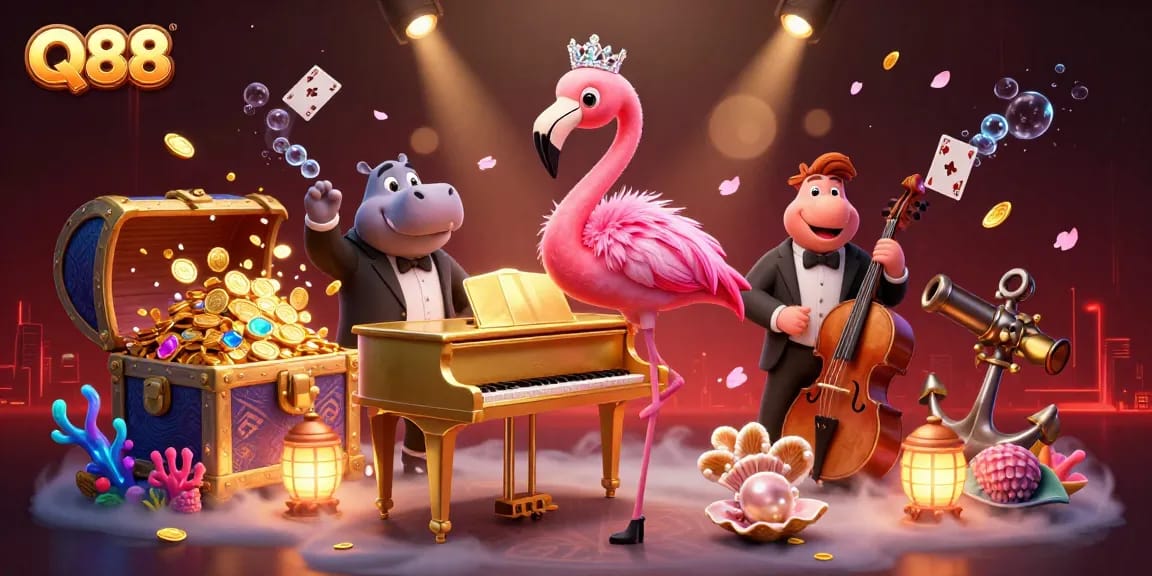 Engage in the excitement at Q88 with a vibrant casino lounge scene featuring unique characters and games.