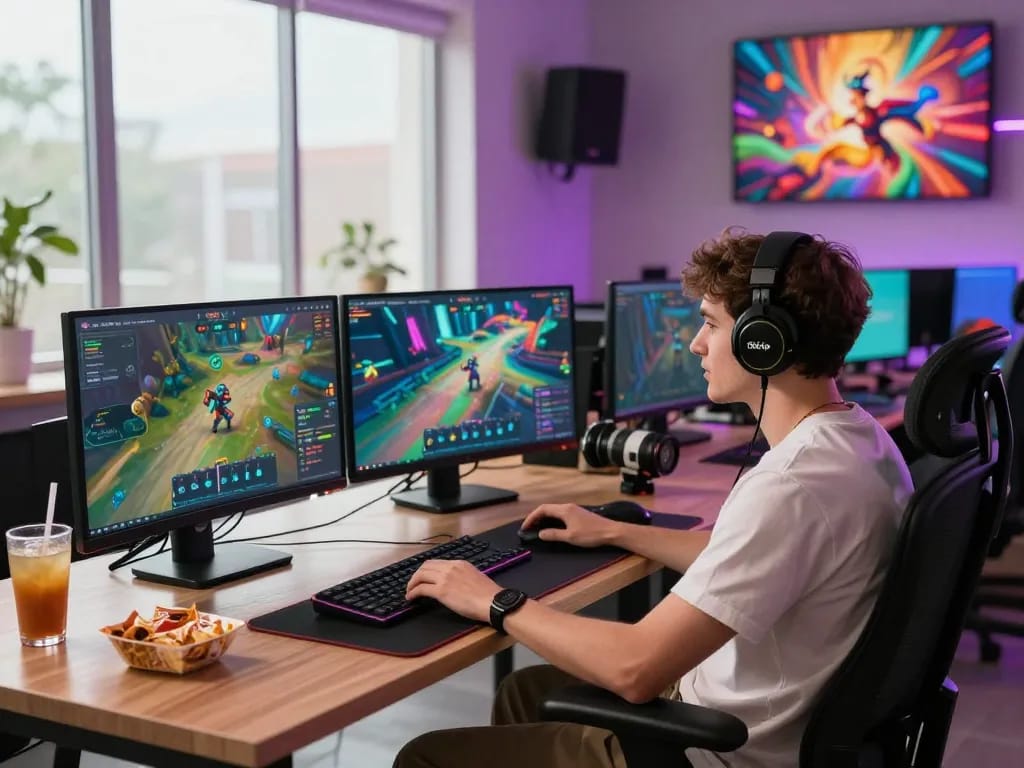 Engaging gaming space showcasing Rikvip platform on multiple screens.