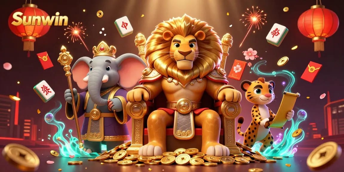 Win exciting rewards at Sunwin with a vibrant casino scene featuring a lion king and lucky symbols.