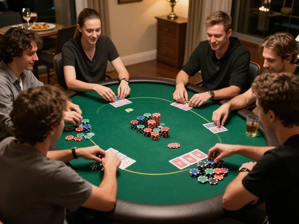 Friends enjoying a competitive poker night while playing 92slot cards with snacks and drinks.