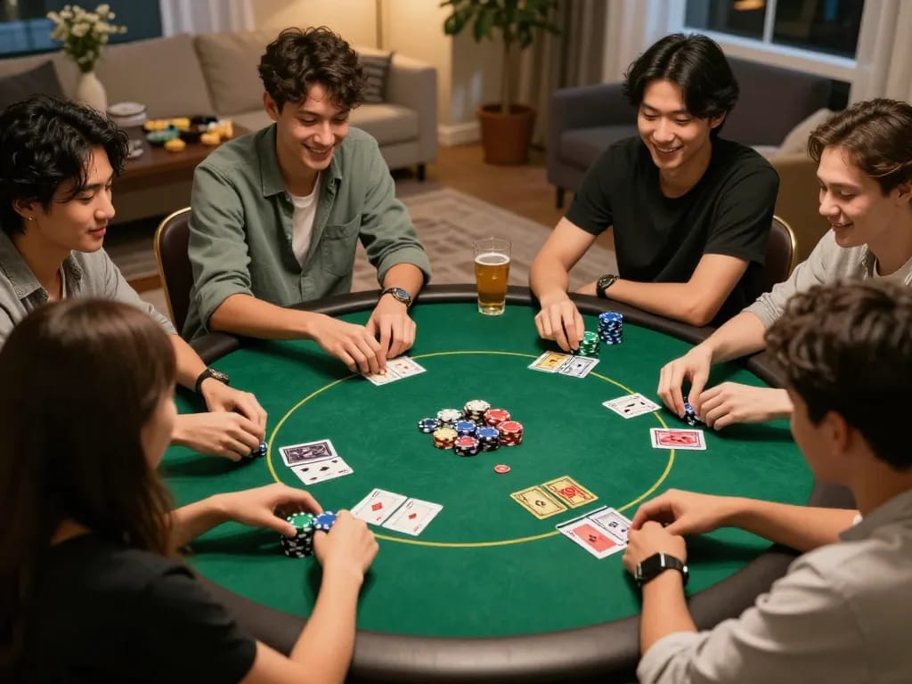 Engaging poker game scene at home with friends enjoying Go8 cards and chips in warm lighting.