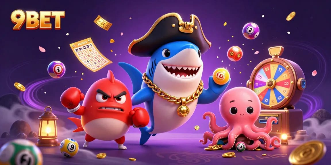 Engage with 9BET's dynamic gambling world, featuring a pirate shark, pufferfish, and octopus amidst lottery fun.