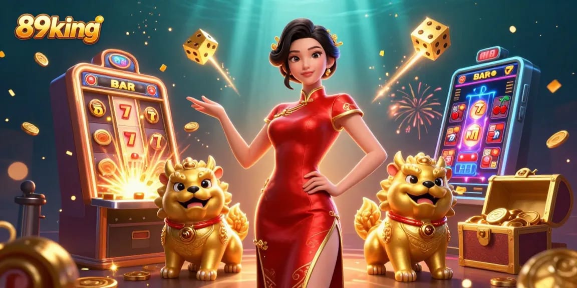 Spin the reels at 89king, featuring an Asian woman in a dazzling cheongsam with casino elements abound.