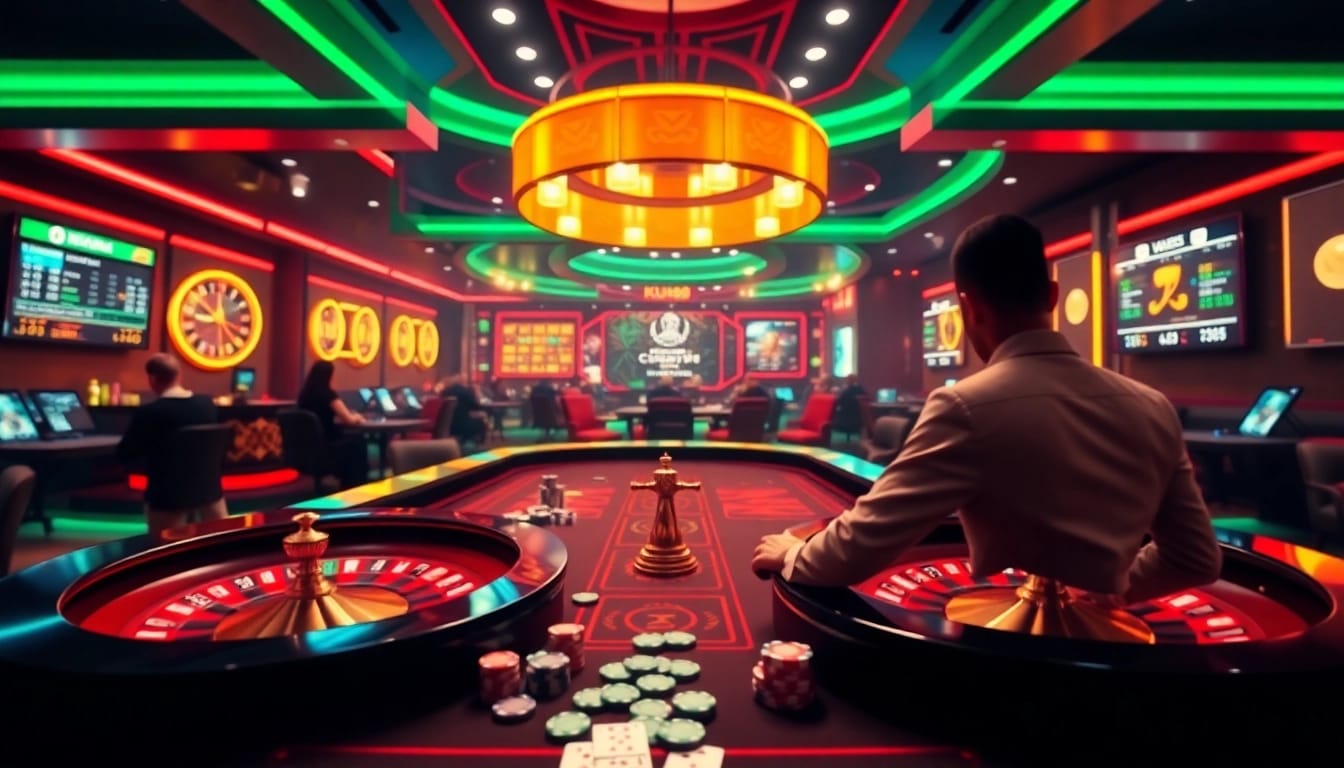 Engaging gaming at ku88's online casino with vibrant roulette and poker elements.