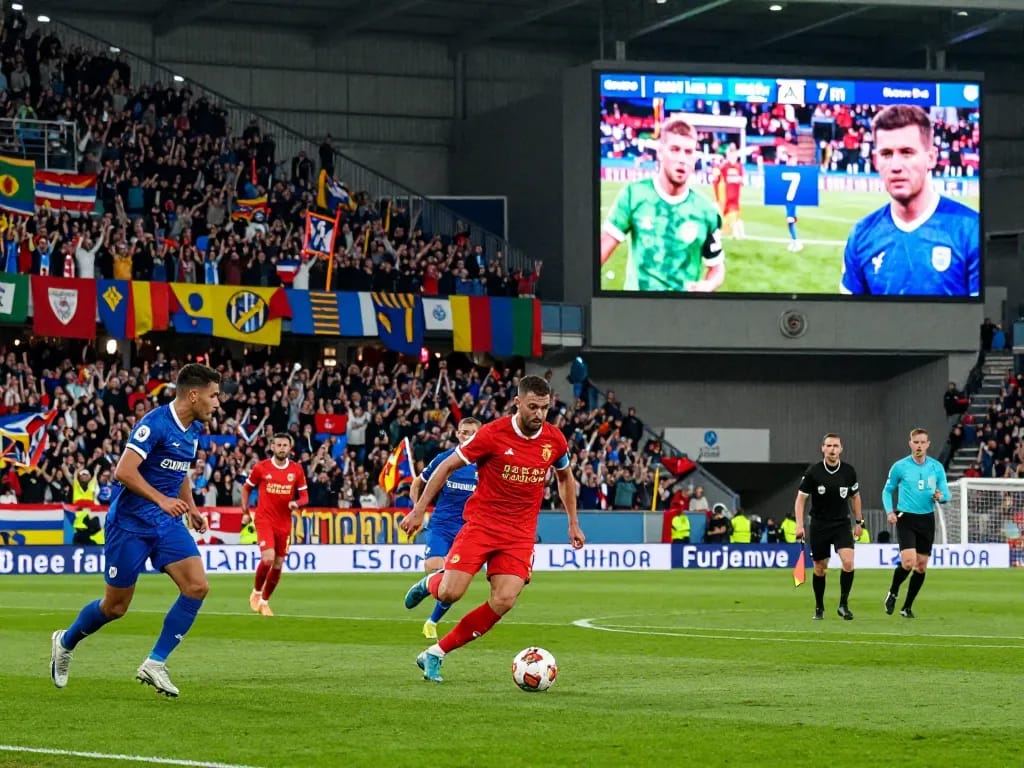 Thrilling football match with passionate fans, players competing, and live score update of 7m.
