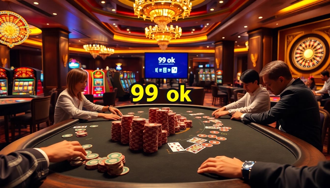 A thrilling poker game at the luxurious 99 ok casino captures the excitement of high-stakes betting.