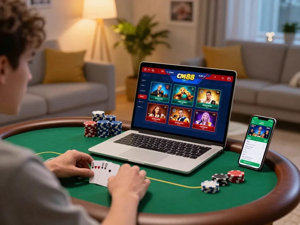 Player enjoying cm88 poker game on laptop in a cozy home setting, chips scattered nearby.
