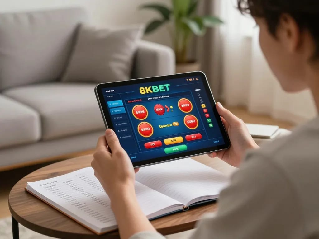 Experience 8KBET online gaming in a cozy home setting, showcasing strategic play and comfort.