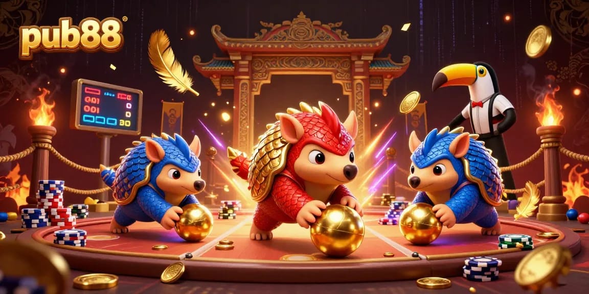 Engage in exciting casino games at pub88 as two rival pangolins battle amidst poker chips and golden confetti!
