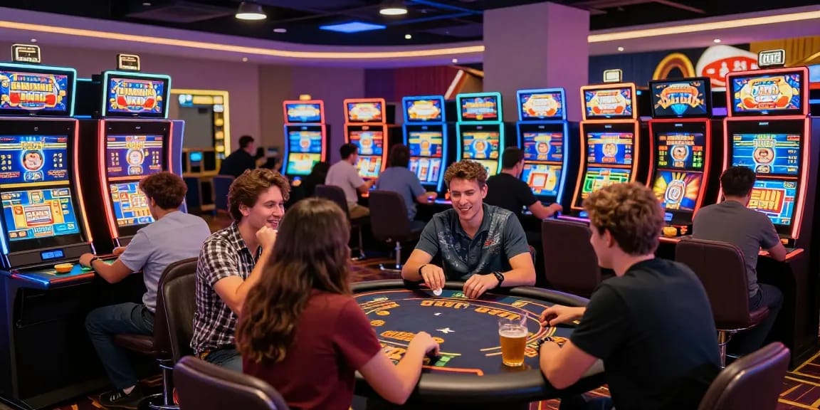 Players enjoying thrilling games at casinos not on GamStop, surrounded by vibrant lights and colorful decor.