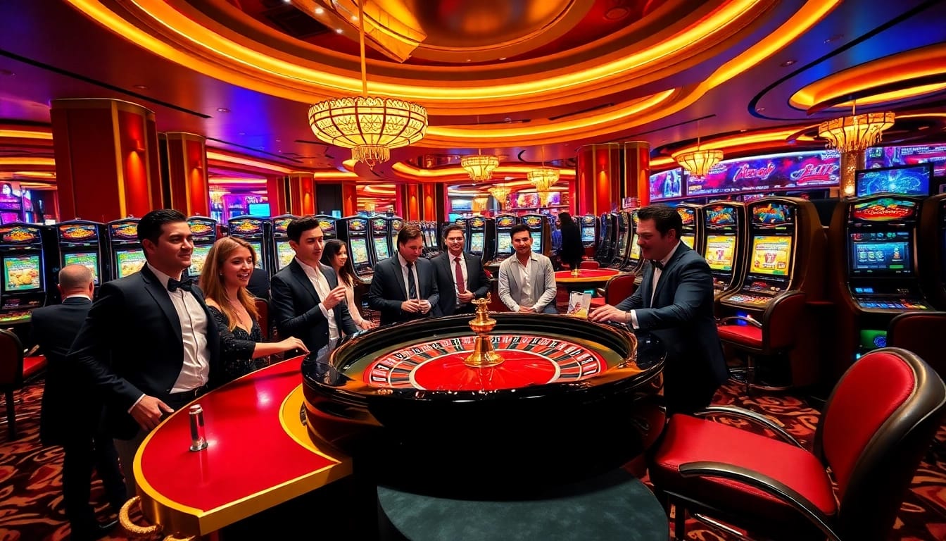 Players enjoying a thrilling moment at QQ88 casino with roulette and slot machines.