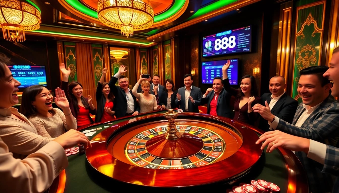 A vibrant gaming scene at 888b casino showcasing an exciting roulette table and lively players.