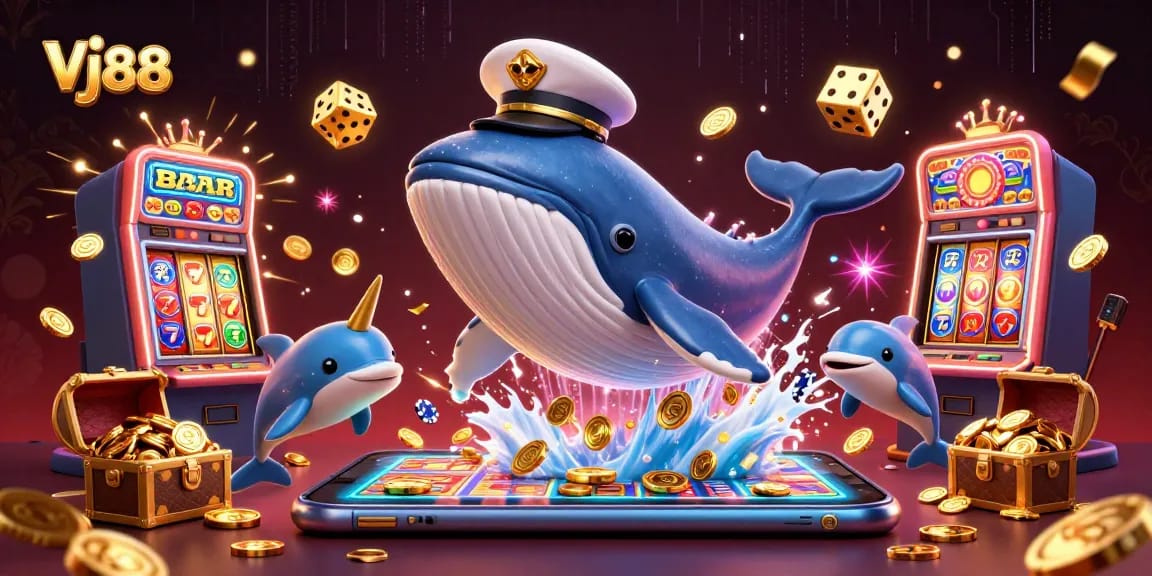 Vj88 offers thrilling gameplay with a 3D illustration of a whale breaching through a jackpot of coins.