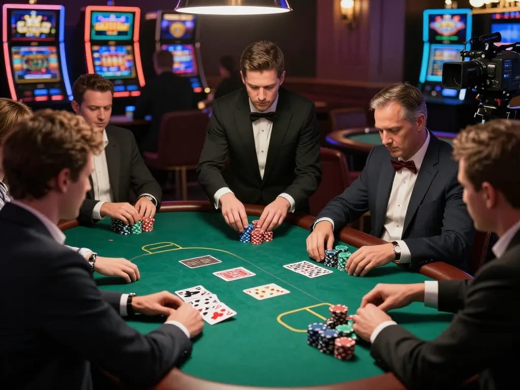 IWINCLUB players engaged in a thrilling poker game at a luxurious casino, focusing on strategy and winning.