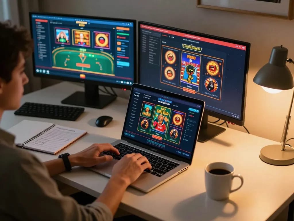 Player engaging in online LV88 casino games from a stylish home office.