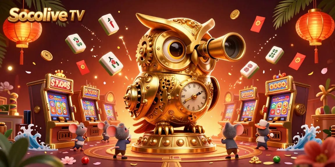Socolive TV delights viewers with a vibrant scene of a clockwork owl among gambling elements.