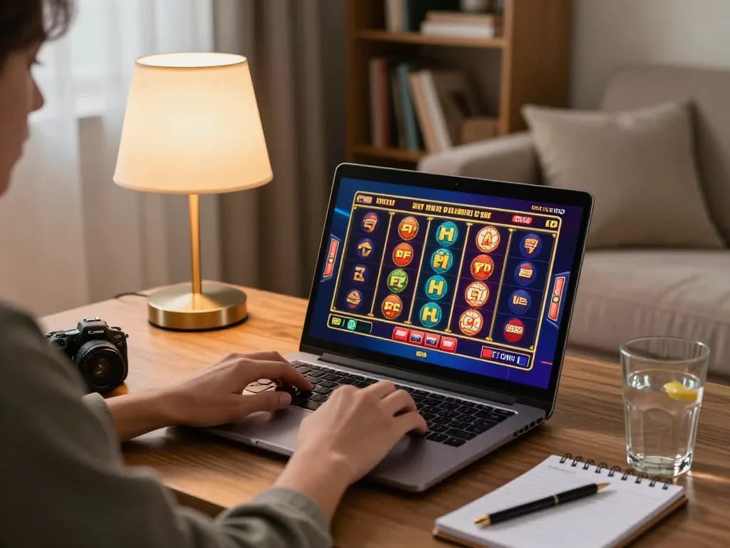 Player enjoying online casino gaming on the laptop with go88 interface, cozy atmosphere at home.