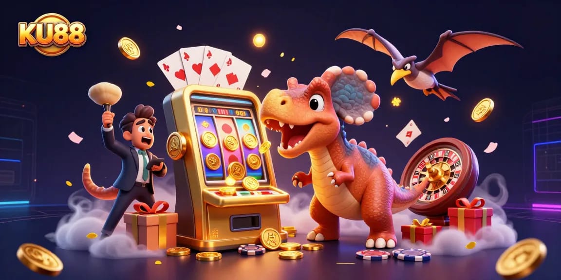 KU88 casino action with cartoon dinosaurs and a slot machine in a vibrant 3D illustration.