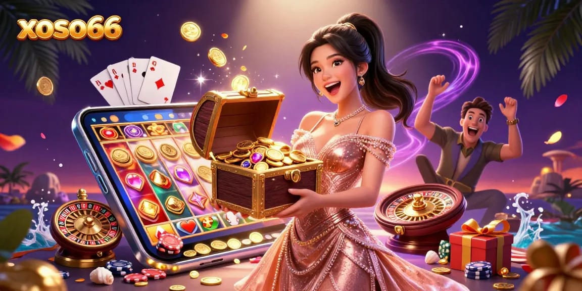 Xoso66 offers an exhilarating gaming experience featuring a joyful woman with a treasure chest of coins and slot games, captivating users.