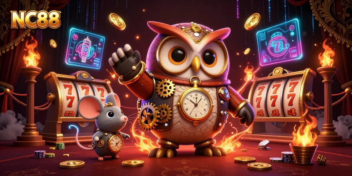 Engage in thrilling slots at NC88 with a vibrant 3D scene featuring steampunk elements and golden coins.