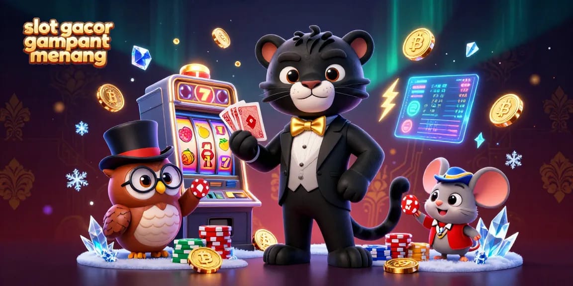 Play and win big at slot gacor gampang menang with a fun illustration of a panther dealer and lucky characters.